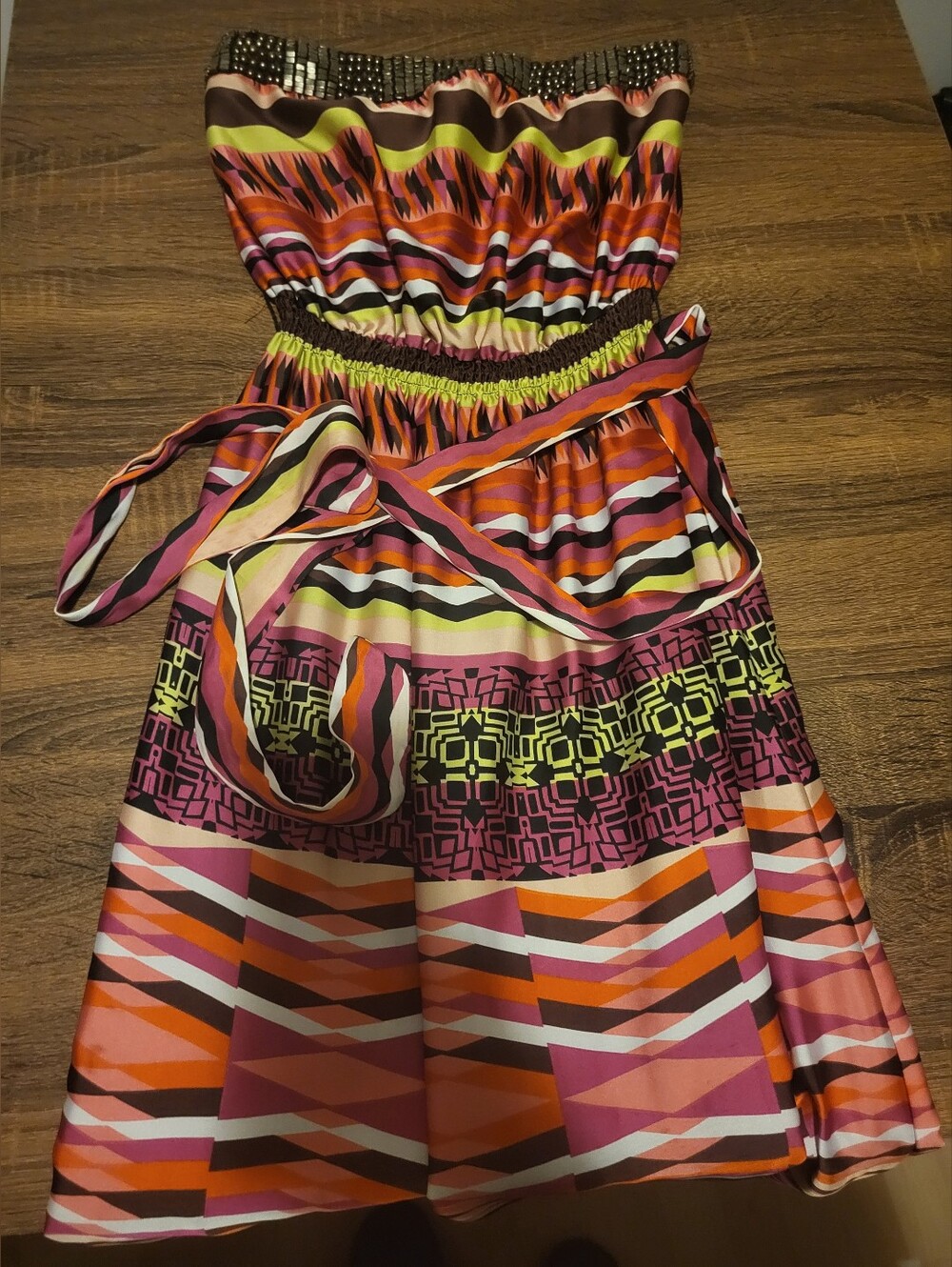 bebe Pink Orange Multicolor Strapless Maxi Dress